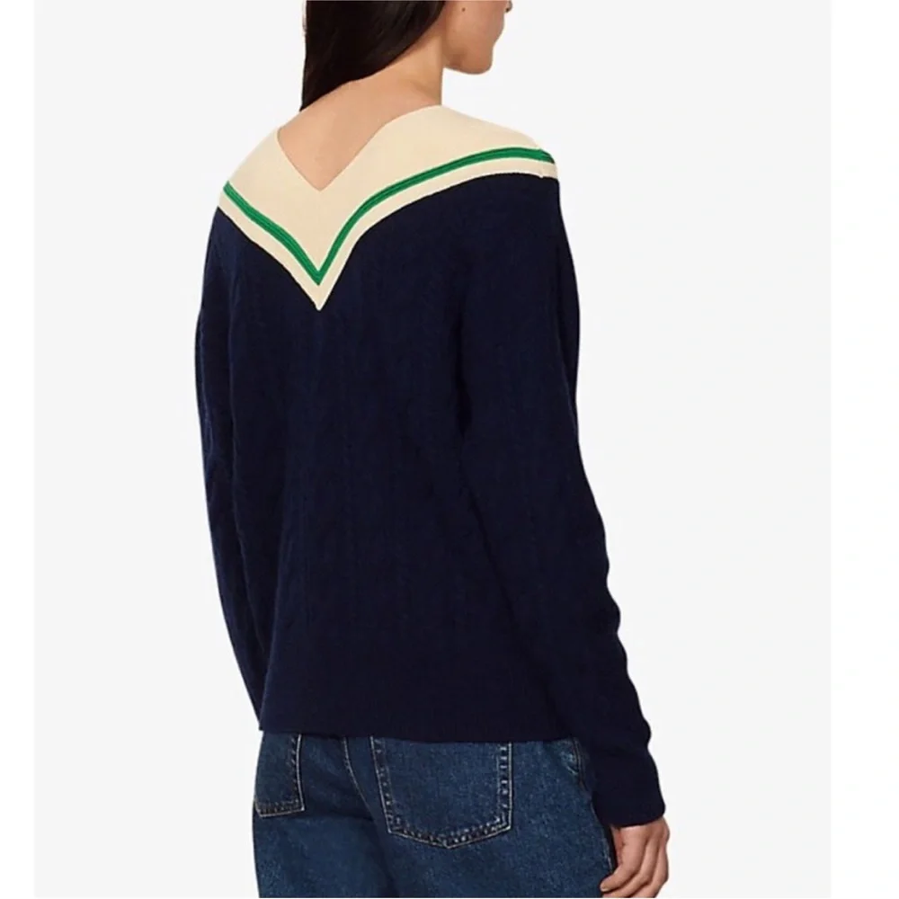 Sandro Guilhem cable knit sweater anchor navy blue green size 0 wool cashmere - Picture 8 of 8